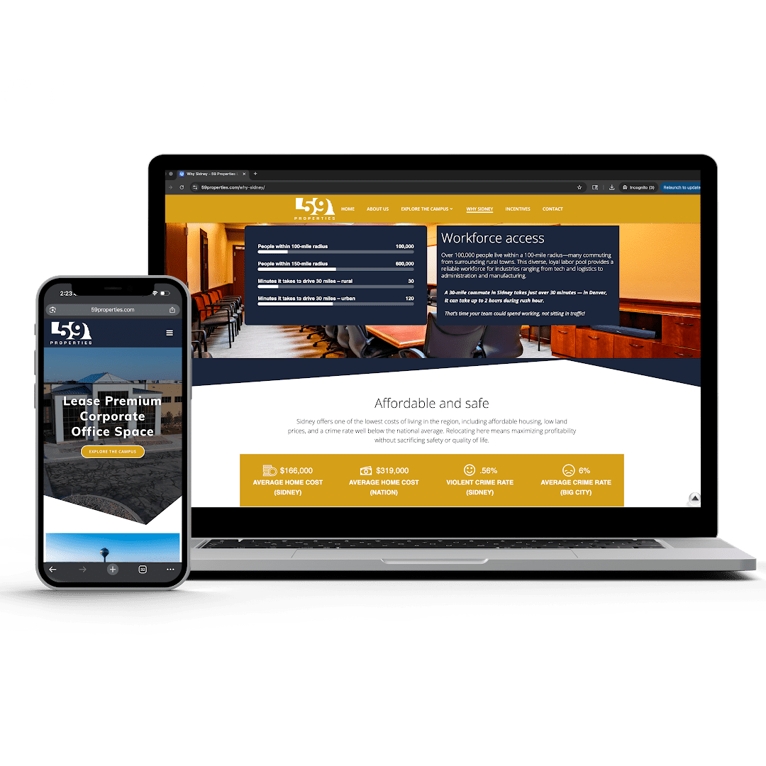 Responsive website design for 59 Properties, showcasing professional real estate website on desktop and mobile with property listing interface