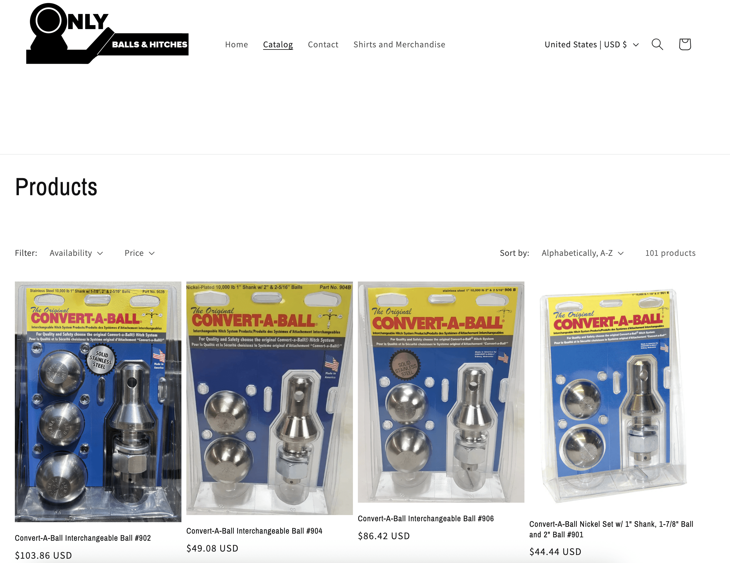 OnlyBallsandHitches.com e-commerce product page displaying Convert-A-Ball trailer hitch accessories with multiple product variations and pricing